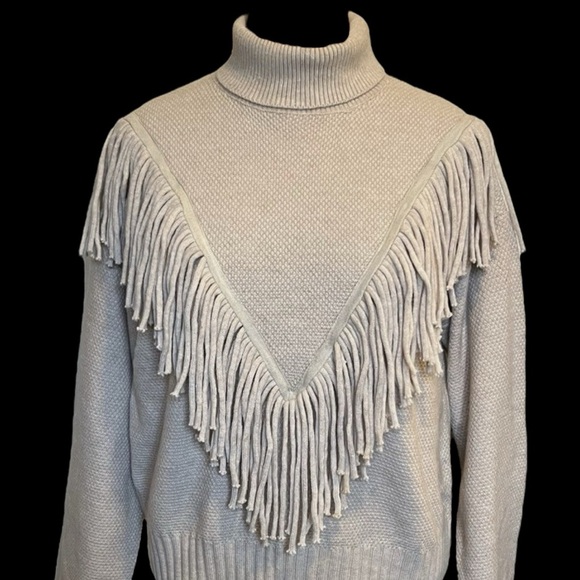 Grace + Karma Cream Cowl Turtleneck Sweater with Fringe Detail - Picture 1 of 5